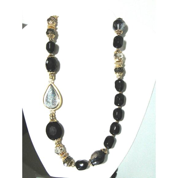 NEW Sara Bella Black Onyx Glass Bead NECKLACE 34" Adj Mother Of Pearl Nordstrom - Picture 4 of 11
